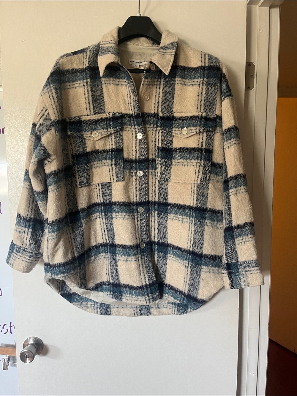Good American Cream and Blue Plaid Utility Jacket